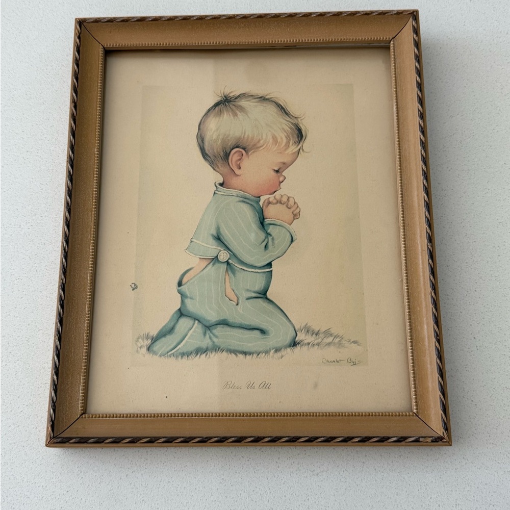 Vintage 1950s "Bless Us All" Boy Praying by Charlot Byi Framed Litho Print 11x9